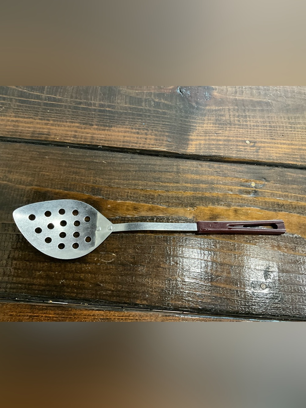 Vintage Stanhome Stainless Steel Bakelight Handle Angled Slotted Spoon MCM